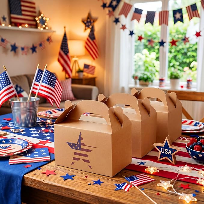 Colarr 24 Pcs 4th of July Treat Boxes Patriotic Star Prints Goodie Boxes with Handles 250th Anniversary Kraft Paper Cookie Box Candy Party Favor Box for Independence Day Fourth of July Celebration