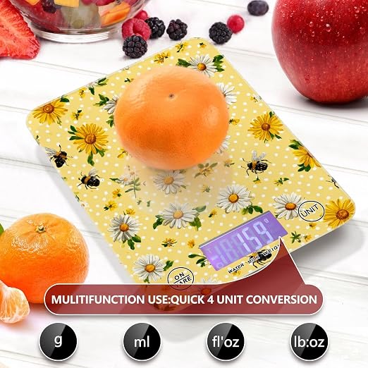 Food Scale Kitchen Scale Food Weight Scales Digital Weight Grams and Ounces Small Electronic Food Scale for Baking Cooking Yellow Dot Bee and Daisy