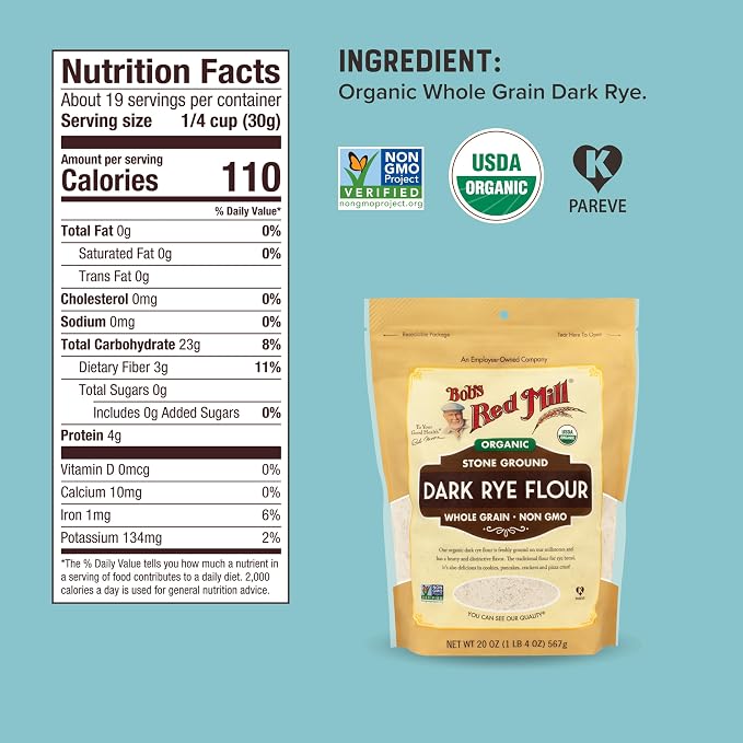 Bob's Red Mill Organic Dark Rye Flour, 20oz (Pack of 1) - Organic, Non GMO, Whole Grain, Vegan, Kosher
