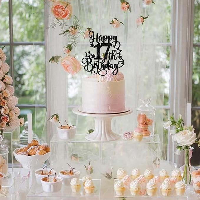 1 PCS Happy 17th Birthday Cake Topper Glitter Cheers to 17 Years Birthday Cake Pick Hello 17 Fabulous Cake Decoration for Happy 17th Birthday Anniversary Party Decorations Supplies Black