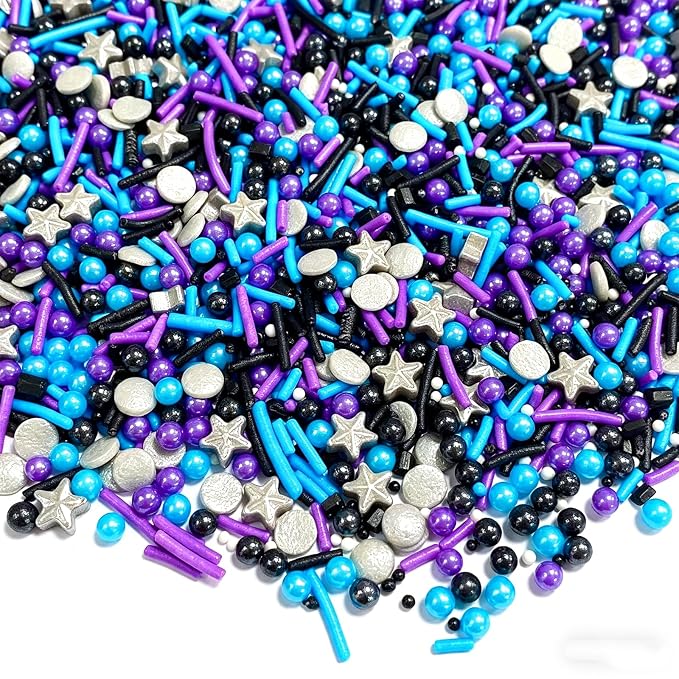 Sentovac Black Blue Sliver Purple Sprinkles Edible Galaxy Star Jimmies Confetti Pearls for Cake Decorating Candy Cupcake Cookie Baking Ice Cream Dessert Halloween Christmas Holiday Decorations
