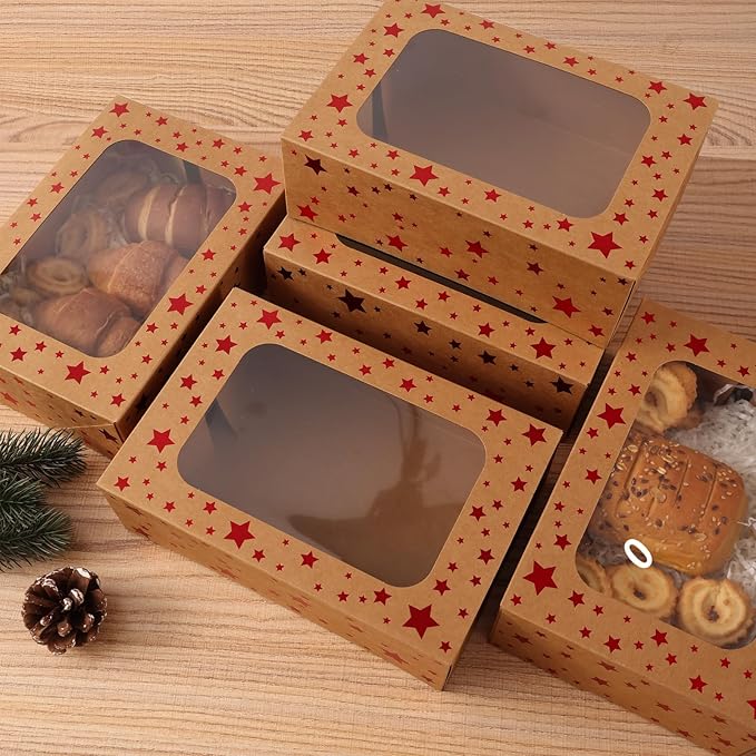 24 Pack Brown Cookie Boxes, 9x6x3Inch Red Star Baking Boxes for Gift Giving,Kraft Boxes with Window,Holiday Treat Boxes for Pastry,Cookie Tin Containers Box for Baked Goods Packaging