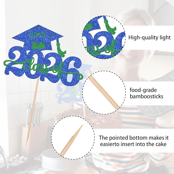 1 Pack Class of 2026 Cake Topper Glitter Congrats Grad Cap 2026 Graduation Cake Pick Decoration for 2026 Graduation Theme High School Graduate Party Cake Decorations Supplies Blue Green
