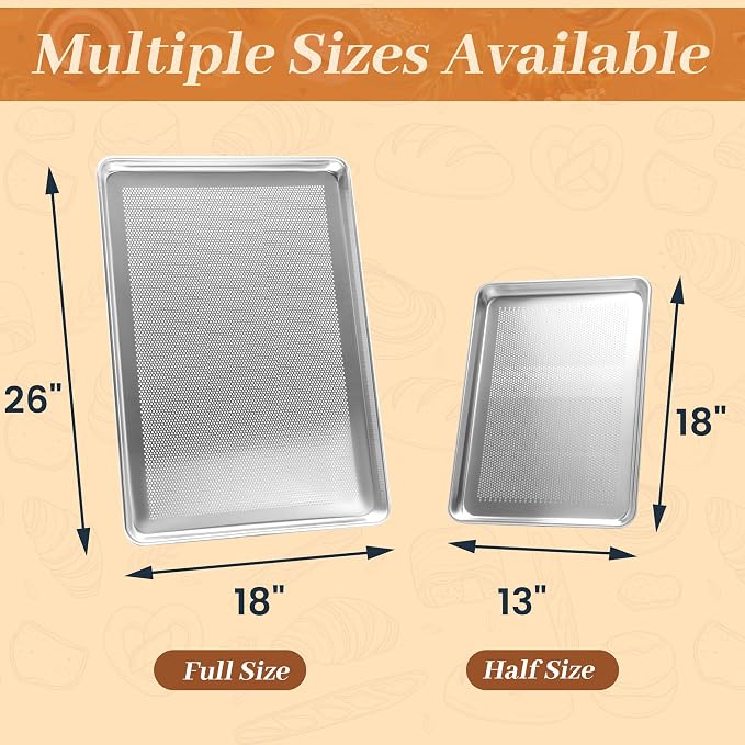 6 Pack Perforated Full Size Aluminum Baking Sheet Pans, 26"x18" | NSF, commercial cookie sheets, rolled rim baking pan, for roasting, freezer, bakery, oven safe up to 500℉
