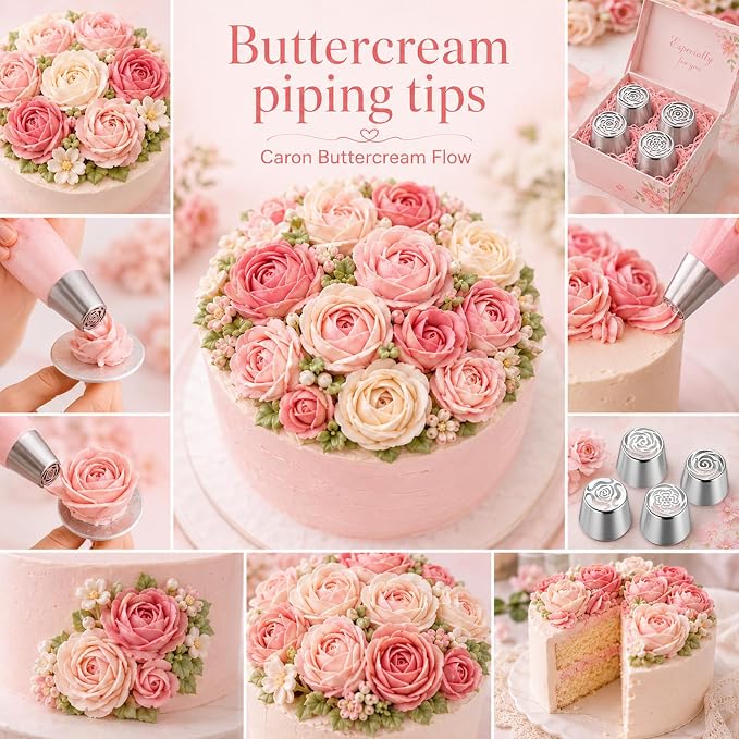 4 PCS Flower Russian Piping Tips, Stainless Steel Extra Large Russian Piping Tip Set 3D Flower Tips for Cake Decorating, Flowers Shaped Frosting Nozzle Kit for Wedding Birthday Cakes Cupcakes Cookies