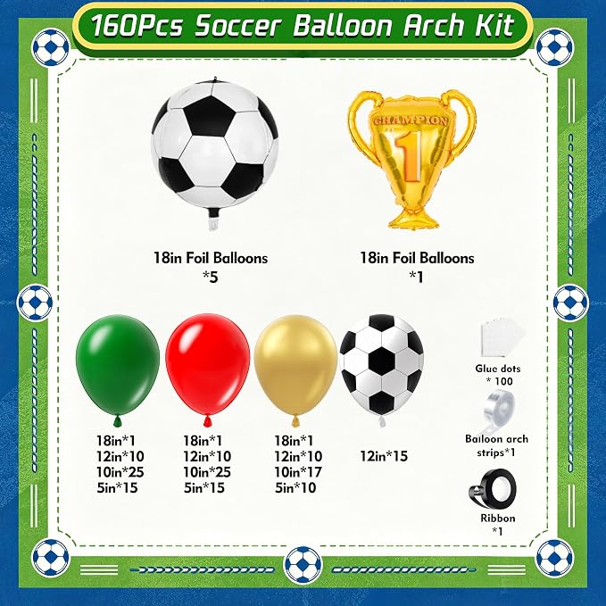 Soccer Party Decorations 160Pcs, World Soccer Balloon Garland Arch Kit with 18'' Football Foil Balloons, Green and Red Football Print Balloons for Boys Sports Fan Birthday Soccer Party Decor
