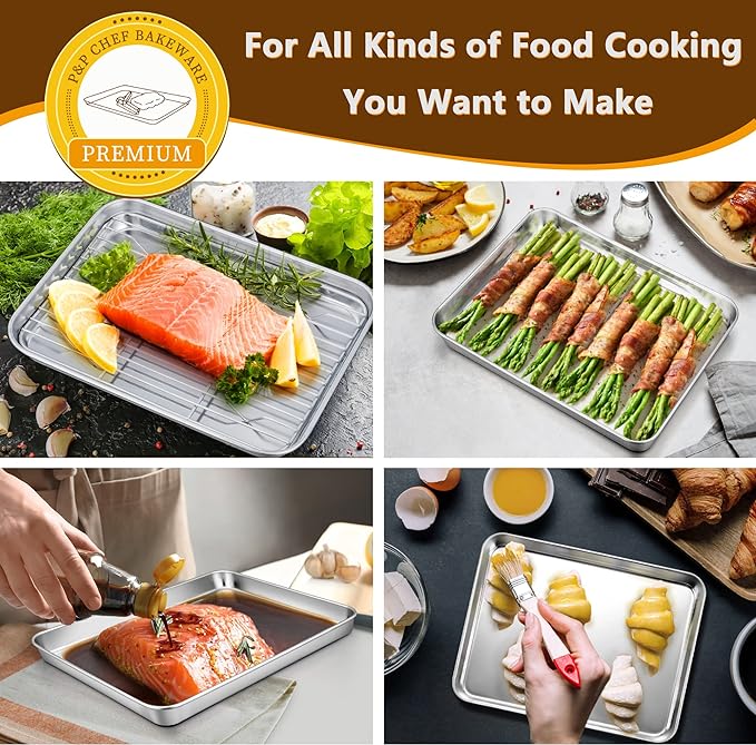 P&P CHEF 9 Inch Toaster Oven Pans with Racks, 4 Pieces Stainless Steel Oven Tray Baking Pan Sheet and Cooling Rack for Oven Cooking Roasting, Non Toxic & Dishwasher Safe
