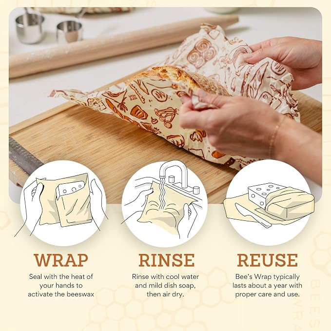 Bee's Wrap Beeswax Wraps for Bread - 2 Pack Beeswax Bread Wrap for Sourdough & Bread Storage - Plastic Free Made in USA Reusable Natural Food Wrap - Bakery Lane & Honeycomb