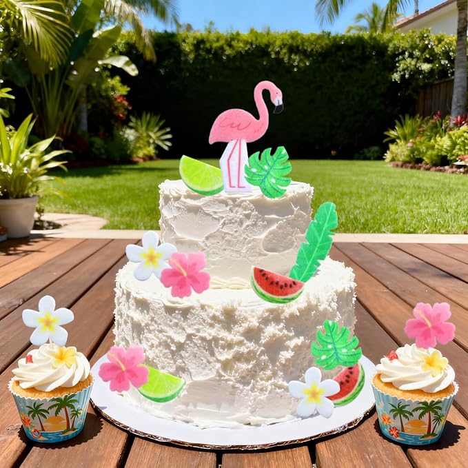 75Pcs Edible Flowers Cake Decorations – Tropical Hawaiian Flamingo Cupcake Toppers, Wafer Paper Edible Flowers for Luau Summer Birthday Party Supplies
