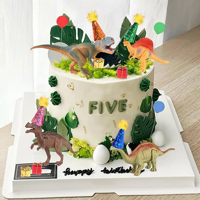 Dinosaur Cake Toppers with Mini Birthday Party Hat Color Balls Cake Decorations for Dinosaur Themed Baby Shower Birthday Party Supplies (Dinosaur)