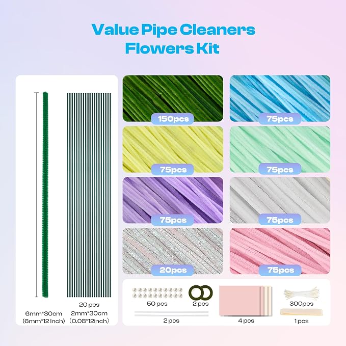 Caydo 700 Pieces Pipe Cleaner Flower Kit with Bouquet Making Accessories, Macaron Colorful Craft Chenille Stems Bulk for Flowers Making and Home Decor