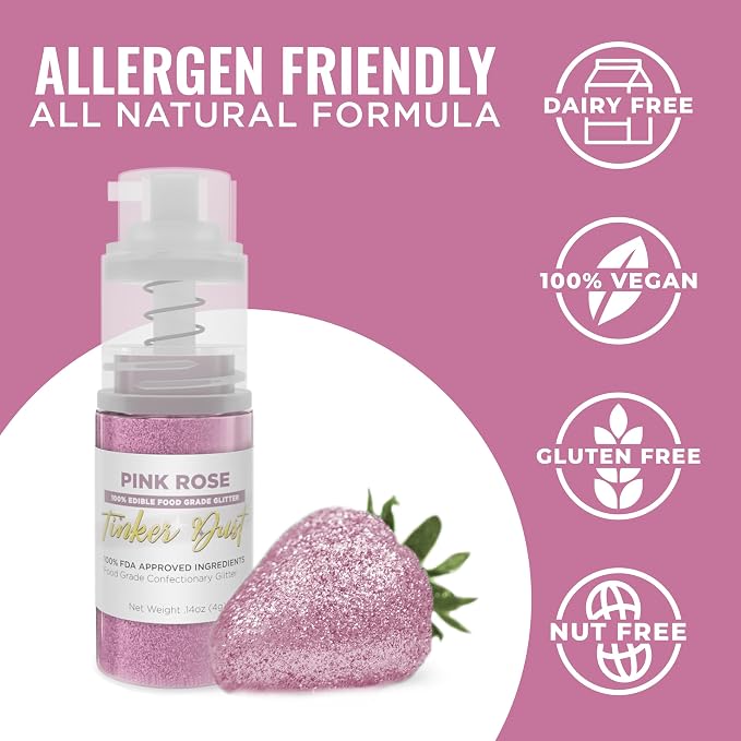 Bakell - Pink Rose Tinker Dust (4g, 1x Mini Spray Pump) Edible Glitter for Food, Desserts, and Baked goods!