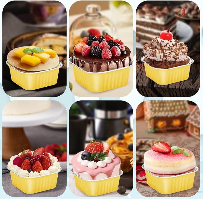 200Pack 5oz Gold Mini Cake Pans with Lids Baking Cups Aluminum Foil Pans Tins, Individual Dessert Cups Containers for Sales,Party,Picnics