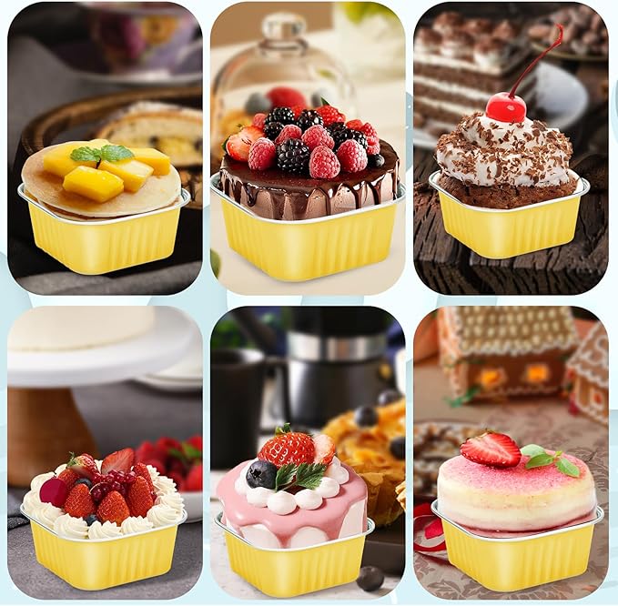 100Pack 5oz Gold Mini Cake Pans with Lids Baking Cups Aluminum Foil Pans Tins, Individual Dessert Cups Containers for Sales,Party,Picnics