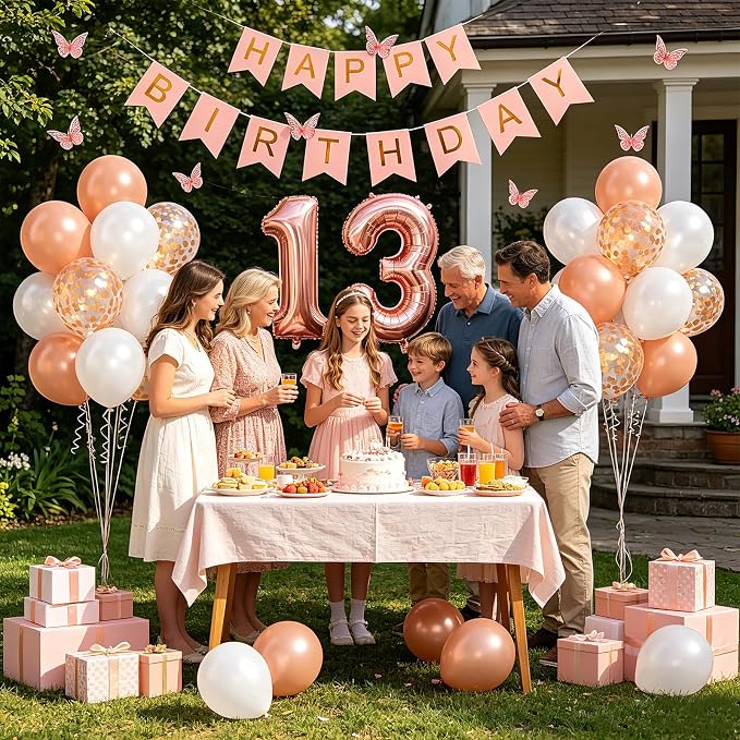 13th Birthday Decorations For Girls -Rose Gold Pearl White Balloons, 32 Inch Rose Gold "13" Balloon, 3D Butterflies Stickers, Happy Birthday Banner For Teen Girl 13th BD Decorations