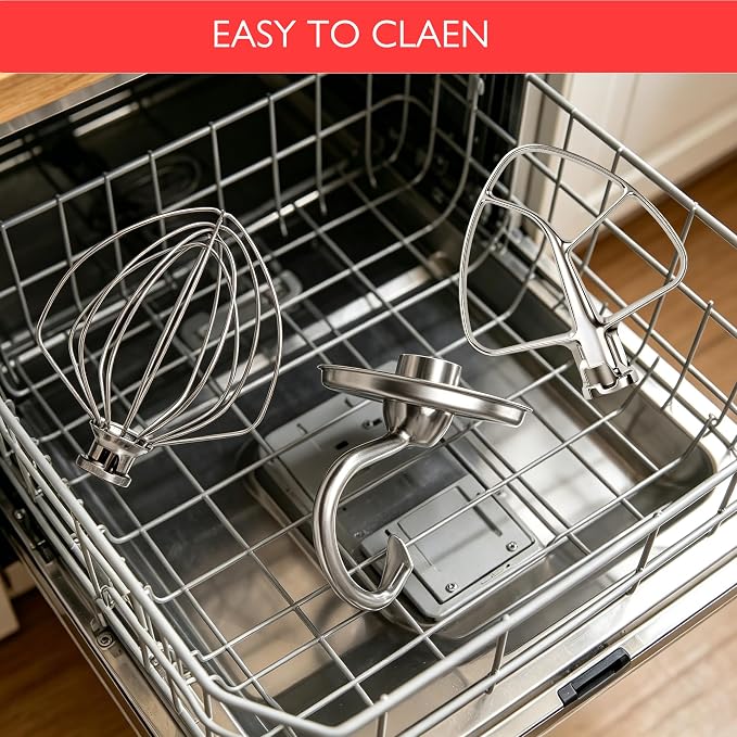 3Pcs Stainless Steel Accessories for KitchenAid 4.5-5 Qt Tilt-Head Stand Mixer, Heavy Duty K45 Whisk, Classic Flat Beater and Dough Hook Set for Artisan, Classic, KSM150, Dishwasher Safe