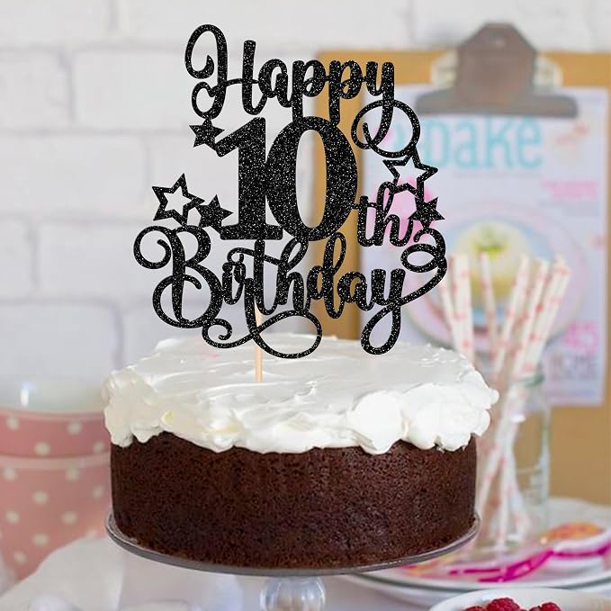 1 PCS Happy 10th Birthday Cake Topper Glitter Cheers to 10 Years Birthday Cake Pick Hello 10 Fabulous Cake Decoration for Happy 10th Birthday Anniversary Party Decorations Supplies Black