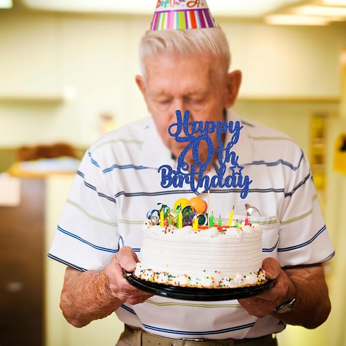 Gyufise 1Pc Happy 70th Birthday Cake Topper Glitter 70 & Fabulous Cheers to 70 Years 70th Birthday Cake Pick for Celebrating 70th Birthday Anniversary Party Cake Decorations Supplies Blue