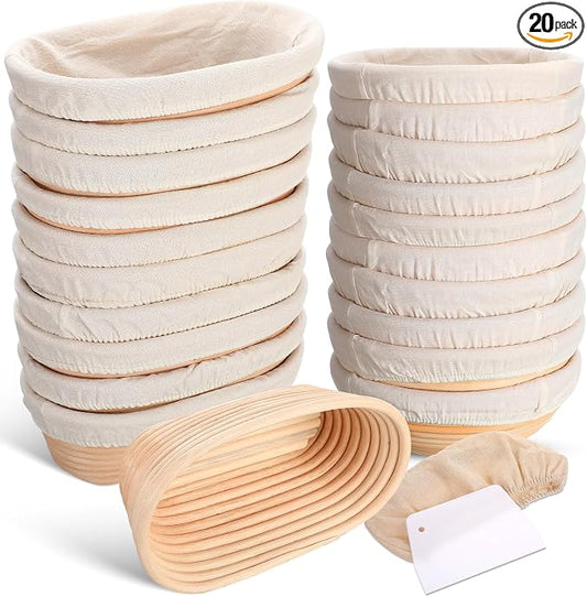 Gejoy 20 Sets Bread Proofing Baskets Bulk Banneton Dough Proofing Bowls Kit with Cloth Liner and Plastic Scraper Sourdough Basket for Home Sourdough Bakers(Round, Oval,9'', 10'')