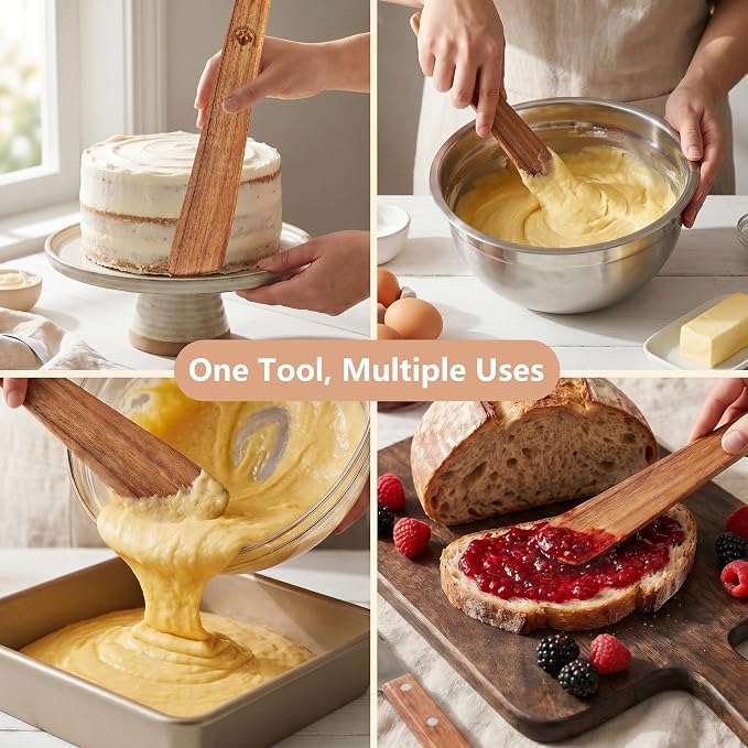 2 Pack Teak Wooden Flat Spatulas – Dough Whisk & Sourdough Scraper, Heat-Resistant Utensils for Flipping, Stirring, and Turning on Cast Iron & Non-Stick Pans