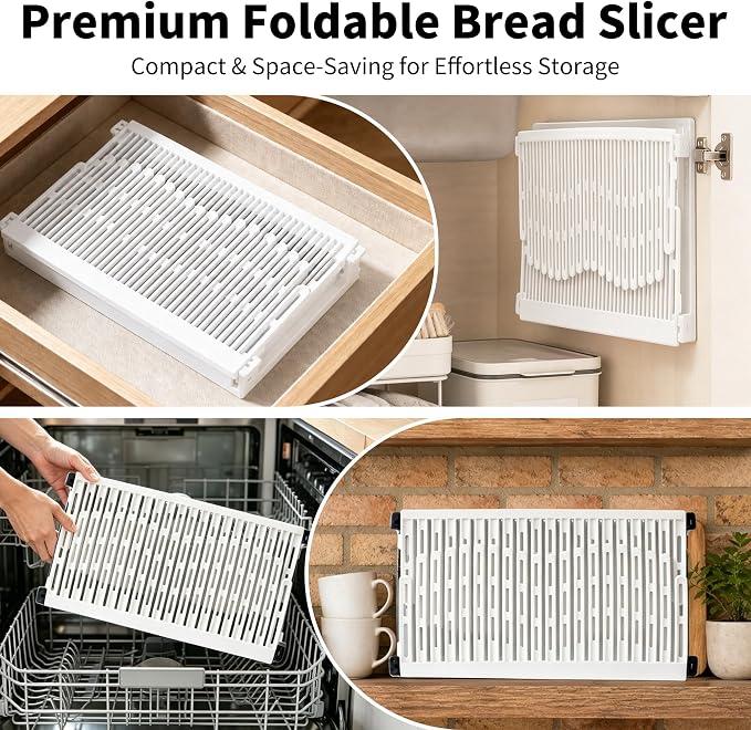 Bread Slicer for Homemade Bread, Foldable Compact with Adjustable Width | Bread Slicer with Scale Markings, Non-Slip Pad, Seamless Crumb Tray, For Home Bakers & Cooking Enthusiasts, Easy Storage