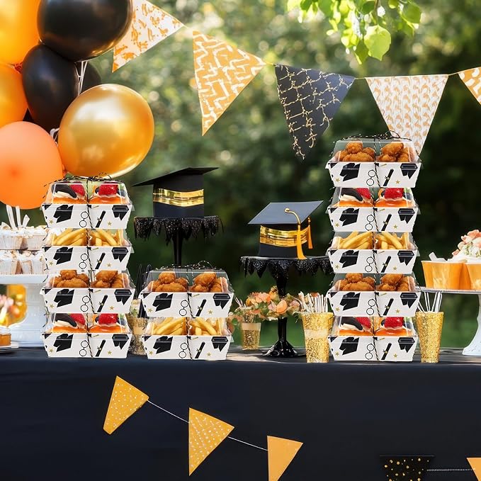 Outus 100 Pack Graduation Party Treat Box Charcuterie Boxes with Clear Lids, 5.7 x 5.1 '' Paper Food Containers White Take out Bakery Boxes Gift Tags Rope for Desserts Graduation Party Supplies