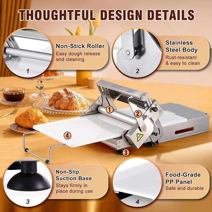 Folding Dough Sheeter 12" Dough Roller Machine Adjustable Thickness Stainless Steel Pastry Sheeter for Pizza, Croissant, Puff Pastry, Fondant and Home Baking