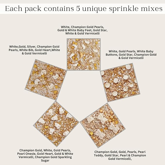 Confect Neutral Baby Shower Sprinkles | Gander Reveal Sprinkles | Mix Gold, Silver, Pearl & Mint Green Sprinkles | Pack of 5 Edible Sprinkle | Vegan, Gluten-Free, Nut-Free, Soy-Free, Dairy-Free, Palm Oil-Free - 5 Oz