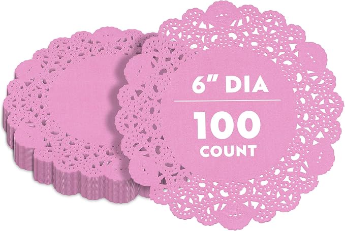 Pastry Tek 6 x 6 Inch Lace Doilies, 100 Decorative Tableware Placemats - Disposable, Round, Pink Paper Table Doilies, For Birthdays, Or Weddings, Table Decor - Restaurantware