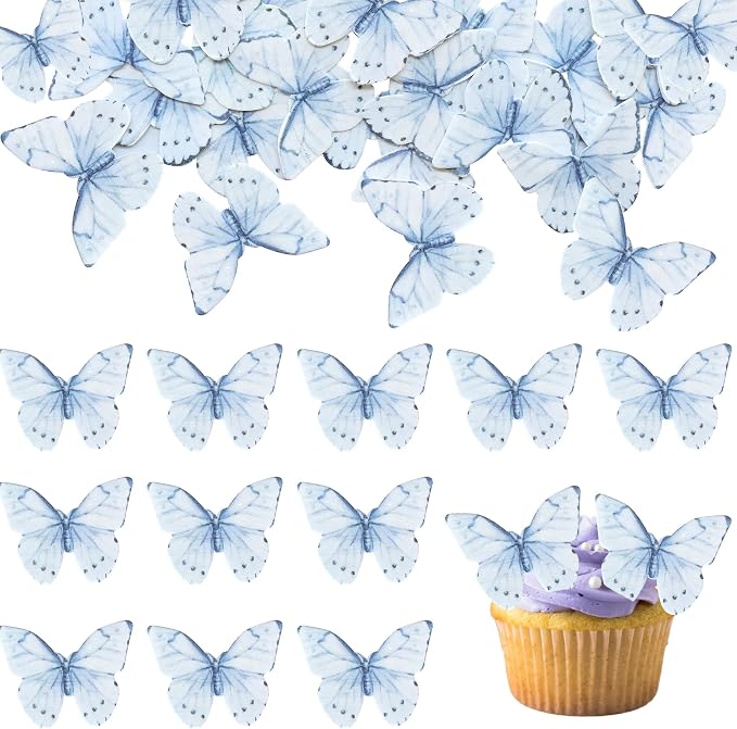 Ephlyn 48Pcs Edible Butterfly Cupcake Toppers Butterfly Cupcake Picks Edible Cupcake Decorations for Baby Shower Kids Birthday Party Cake Supplies Blue
