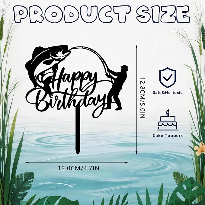 Fishing Happy Birthday Cake Topper, Large Mouth Bass & Fish Rod Silhouette Acrylic Cake Pick, Gone Fishing Themed Cake Decoration for Angler Dad Grandpa Fisherman Birthday Party Supplies