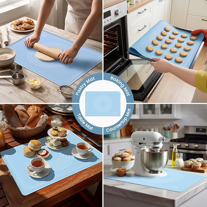 Silicone Baking Mat 24x16 Inches | Extra Thick Dough Rolling Mat with Measurements and Edge Heightening | Non-Stick Food Grade Pastry Mat for Pastry, Bread, Cookies, Pizza, Fondant & Pasta