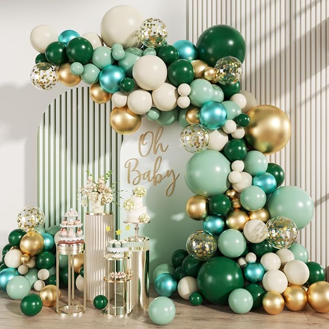 MEBAY Green Gold White Balloon Arch Kit, 147PCS Dark Green Ivory Gold Metallic Pastel Green Balloons Garland for Birthday Wedding Baby Bridal Shower Party Decorations