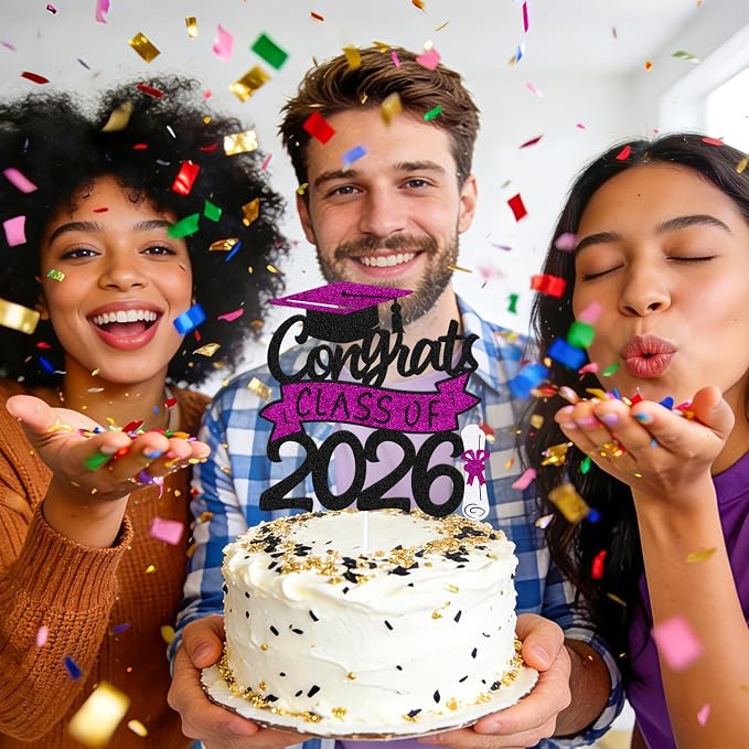 Congrats Class of 2026 Cake Topper Congrats Grad Cap Diploma Theme for High School Happy Graduation Party Supplies College Graduate Decoration (Purple)
