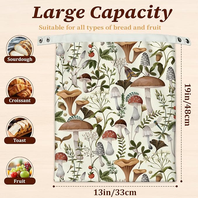 Beeswax Bread Bags, 2 Pack for Homemade Bread and Sourdough Storage | Mushroom Forest Dragonfly Berry, Reusable Polyester Bread Storage With Beeswax Coating And Snap Closures