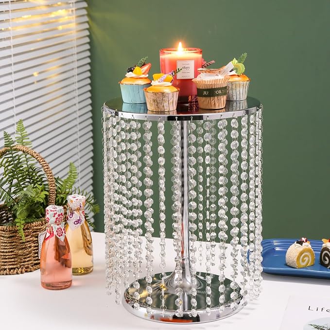 Wedding Cake Stand for Dessert Table 12 Inch Silver Crystal Pendants Metal Cake Stand Serves as A Round Dessert Cupcake Display Plate 16 Inch Tall (Silver)