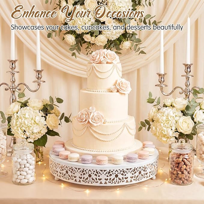 Wenqik 14 Inch White Cake Stand Set Metal Round Cupcake Dessert Stand with Cake Cutting, Spatula Wedding Cupcake Pastry Display Candy Holder Display for Wedding Party Birthday Baby Shower(Classic)