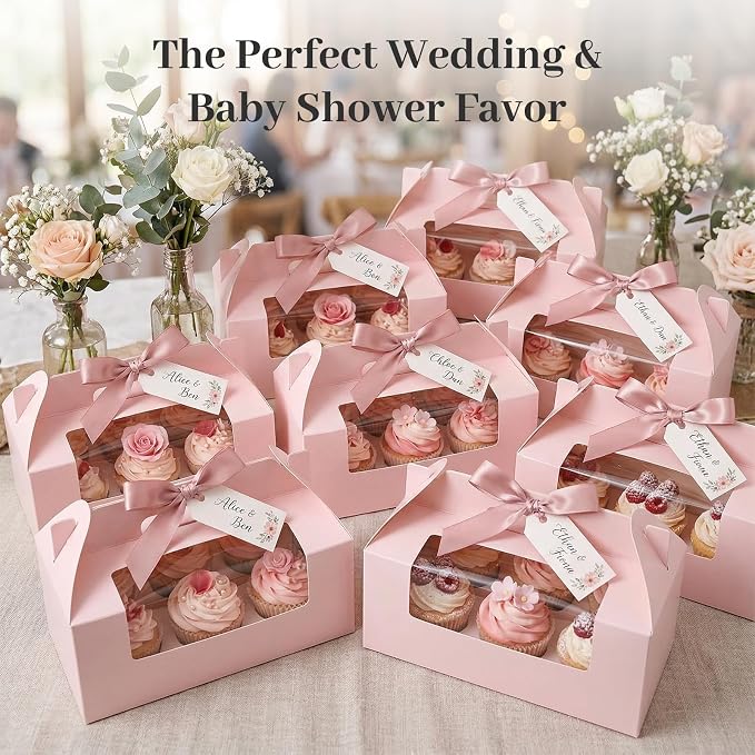 VGOODALL 8 Sets Pink 6-Count Cupcake Boxes with Handles and Inserts, 9.3 x 6 x 3.5 Inch Large Pastry Containers with Windows for Wedding, Birthday, Bakery Supplies, Professional Party Gift Boxes