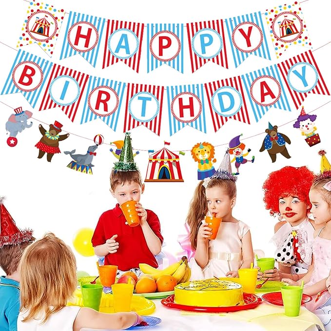 Zwiebeco Circus Happy Birthday Party Decoration Banner Hanging Colorful Paper Amusement Park Theme Bunting Sign for Boys Girls Babys Kids Funfair Carnivals Accessories Supplies