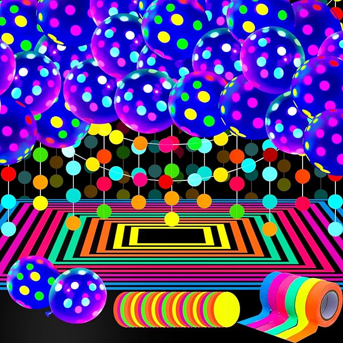 Skylety 32 Pcs Glow in The Dark Party Supplies Neon Party Favors with 25 Fluorescent Balloon 6 Rolls 98.4 ft UV Blacklight Luminous Tape 14.4 ft Neon Streamer Garland for Adults(Clear Big Dot)