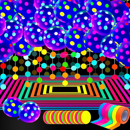Skylety 32 Pcs Glow in The Dark Party Supplies Neon Party Favors with 25 Fluorescent Balloon 6 Rolls 98.4 ft UV Blacklight Luminous Tape 14.4 ft Neon Streamer Garland for Adults(Clear Big Dot)