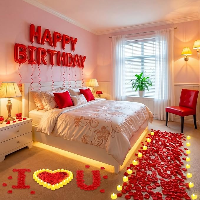 Red Happy Birthday Balloons Decorations Happy Birthday Letter Balloons Banner Set with 24pcs Heart Flameless LED Candles and 2000pcs Artificial Rose Petals for Women Men Room Party Decor
