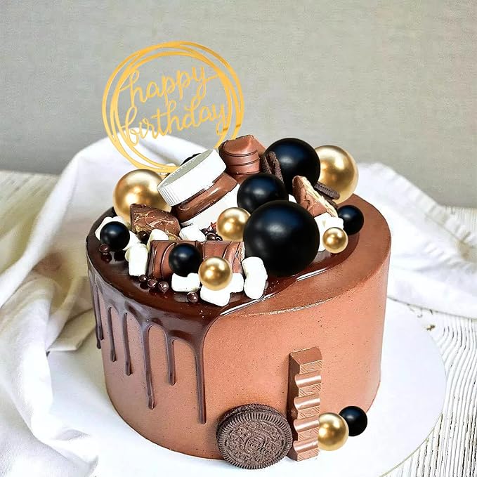 Colorful Balls Cake Topper Pearl Balls Cake Topper Happy Birthday Cake Insert Pick DIY Pile Up Insert for Wedding Birthday Party Baby Shower Cake Decoration (Black and Gold)
