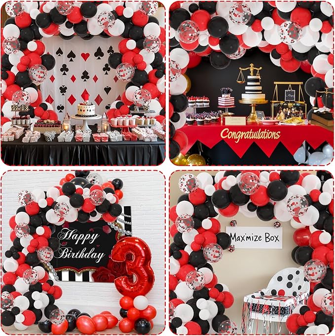RUBFAC 129pcs Red Black White Balloons Garland Arch Kit, Red and Black White Balloons Arch for Shower Birthday 2025 Graduation Class Decorations Racing Car Poker Card Anniversary Supplies