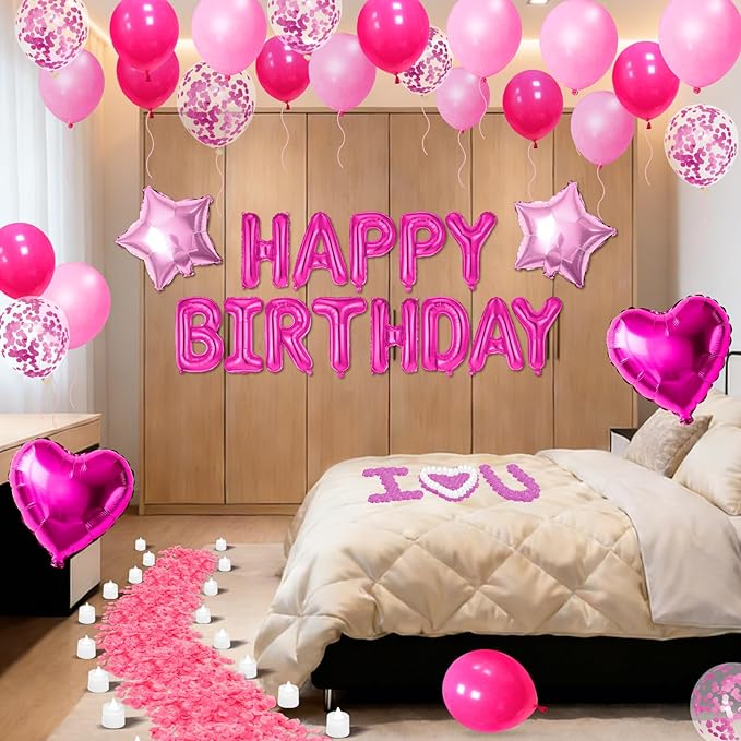 Hot Pink Happy Birthday Balloons Decorations Light Pink Birthday Balloon Letters Banner with Star Heart Balloons 1000 Pcs Artificial Rose Petals 24 Flameless LED Candles for Birthday Party Supplies