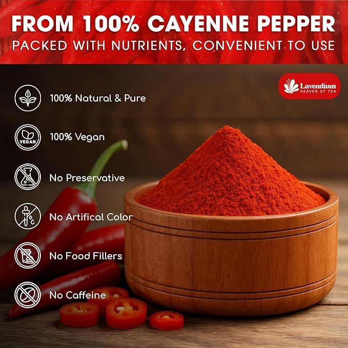 Lavendium, Premium 25oz Cayenne Pepper Powder, 100% Natural & Pure Ground Cayenne Pepper, No Additives or Preservatives, Non-GMO, Plant-Based & Vegan, Perfect for Seasoning, Marinades, Chili & BBQ Rubs