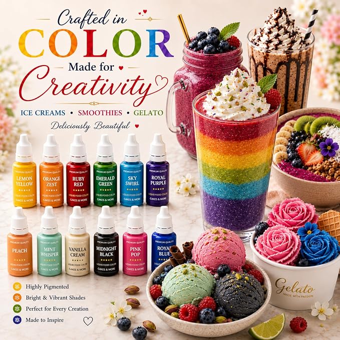 Confect Core Baking Water Color Food Coloring Set – Highly Pigmented Oil Based Food Colors for Cakes, Buttercream, Drinks, Popsicles & Baking – 12 Pack × 10mL