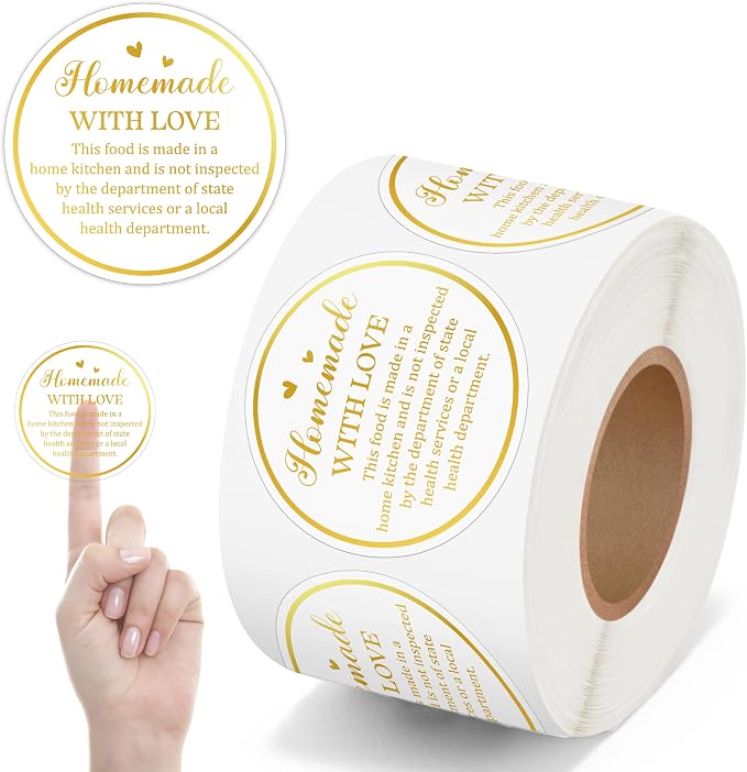 PANTIDE 500 Count Clear Cottage Food Law Labels Transparent PVC Stickers | Homemade with Love, Adhesive Round Decal Roll, Made in a Home Kitchen, for Baked Food Packaging, 2 x 2 Inch, Gold Foil Script