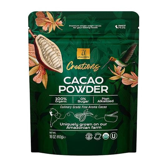 U Chocolate Organic Cacao Powder, Unsweetened & Unalkalized – Fresh from our Farm – Vegan, Allergen-Free, Single-Origin for Baking & Smoothies – 16 oz