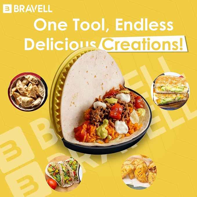 3-in-1 Tortilla Sealer, Tortilla Crimper Includes Free Rolling Pin – Adjustable and Removable 6, 8 & 10 Inch Plates for Burritos, Tacos, Quesadillas, Dumplings & Sandwiches – Yellow & Black